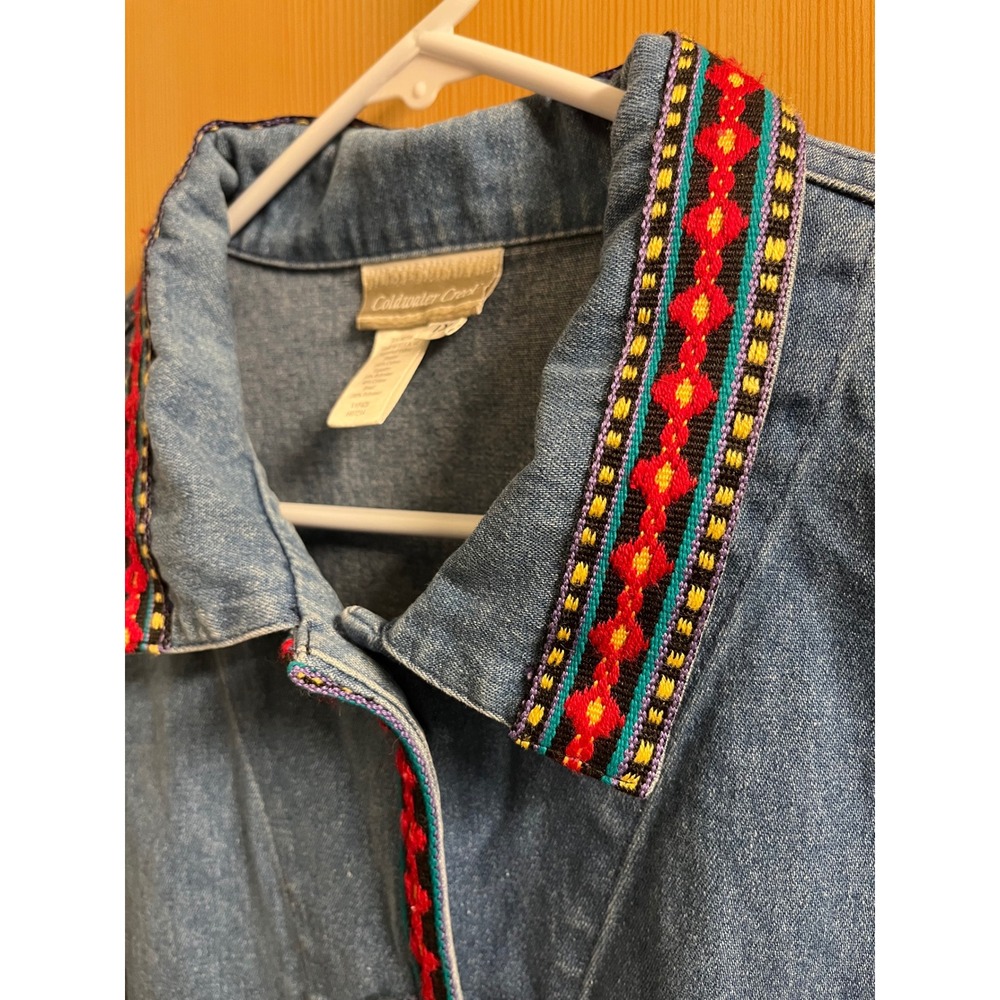 Coldwater Creek Denim Jacket Womens 1X Blue Aztec Southwestern Embroidered Trim - Picture 6 of 10